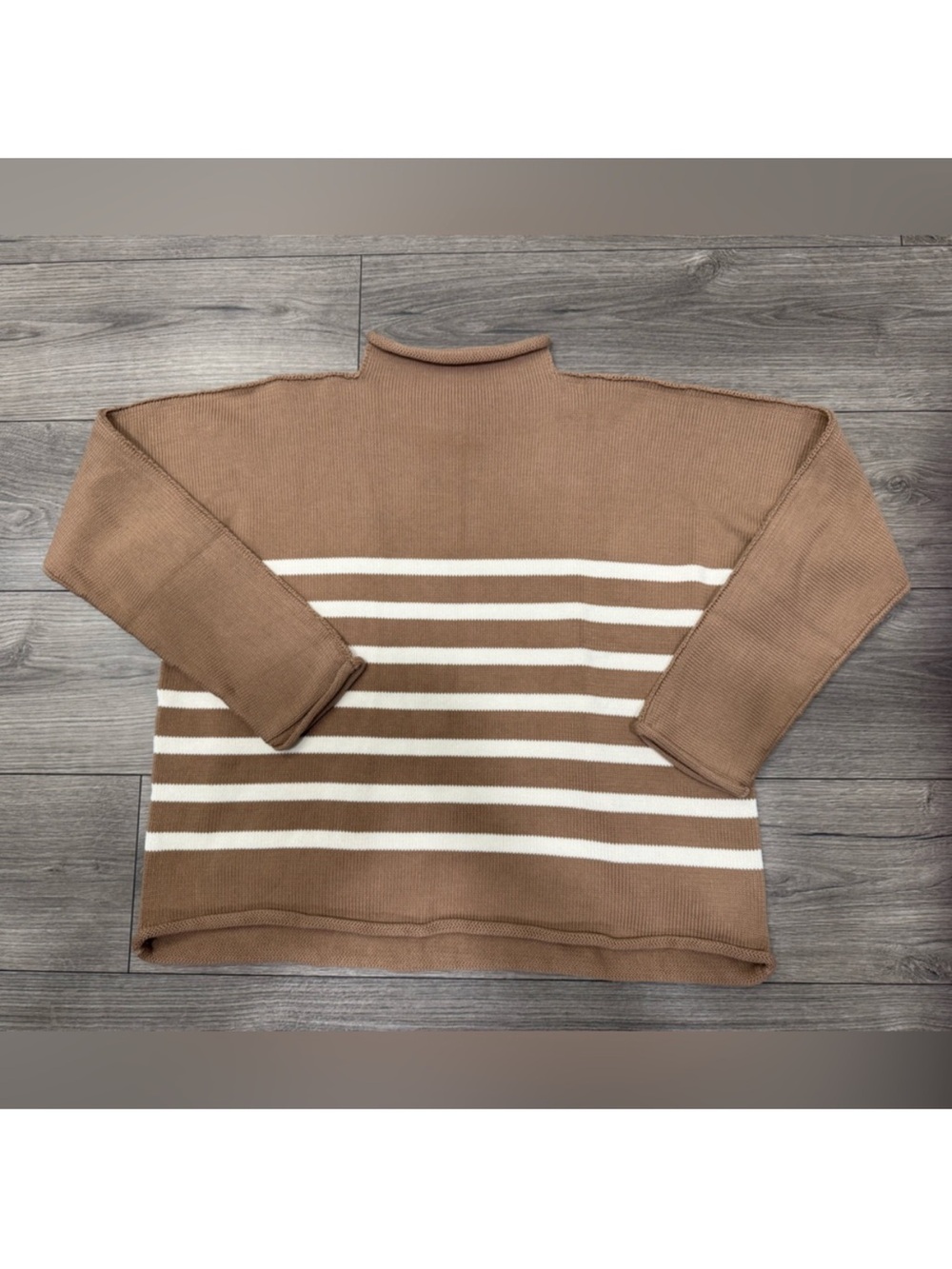 NWT Frank & Eileen‎ Monterey Stripe Cotton Funnel Neck Sweater Sz S CAMEL STRIPE